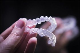 A person holding a pair of clear aligners